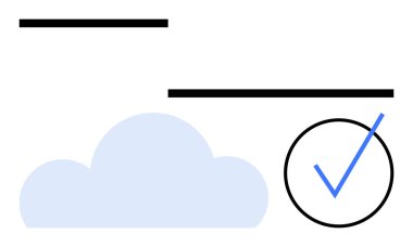 Açık mavi bulut simgesi, iki yatay siyah çizgi, ve mavi işaretli dairesel siyah çizgi. Bulut hesaplama, veri onayı, minimal tasarım, basitlik, doğrulama, çevrimiçi için ideal