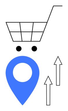 Alışveriş arabası, mavi harita iğnesi ve yukarı çıkan oklar e-ticaret büyümesini, konum hedeflemesini ve yükselen eğilimleri simgeliyor. Perakende, dağıtım, lojistik, büyüme e-ticaret icatları için ideal