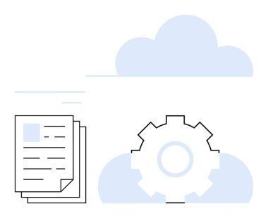 Kağıtlar ve teçhizatlar bulut depolama, otomasyon, dosya yönetimi ve senkronizasyonu temsil eden minimal tarzda bir bulutun yanına yerleştirildi. İş akışı, teknoloji, veri, yazılım entegrasyonu, verimlilik için ideal