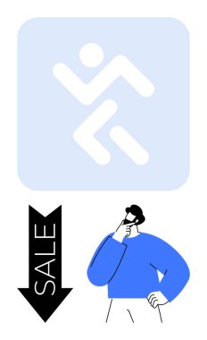 SALE etiketli aşağıya doğru bakan cesur bir okun altında koşan bir figürle dinamik mavi bir ikonun yanında duran adam. Alışveriş, indirim, karar verme, terfi, pazarlama, perakende stratejileri için ideal