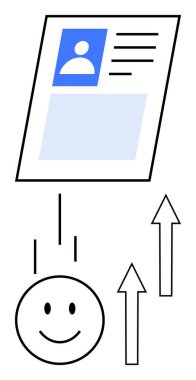 Yukarı doğru oklu kullanıcı profili kartın altında gülen yüz tatmin ve büyüme gösteriyor. Kullanıcı bağlılığı, geribildirim, ilerleme, iyimserlik, müşteri memnuniyeti, motivasyon, düz basit