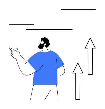 Soldaki mavi gömlekli adam yukarı doğru ok atıyor. Büyümeyi, yönü ve başarıyı simgeliyor. Liderlik, rehberlik, gelişme, stratejik iş büyüme hedefleri için idealdir. Düz basit metafor