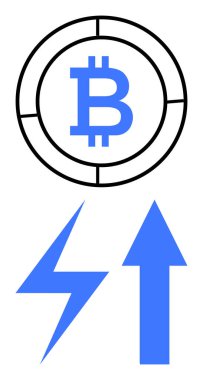 Dairesel çerçevede bitcoin, elektrik sürgüsü ve kripto para büyümesini gösteren yukarı doğru ok. Finans, engelleme zinciri, yatırım, yenilik, enerji verimliliği, dijital ekonomi için ideal