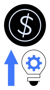 Para parayı sembolize eder, gelişim için yukarı ok, yenilik için teçhizatlı ampul. Finans, yatırım, girişimcilik, büyüme, strateji teknolojisi ekonomisi için idealdir. Düz basit