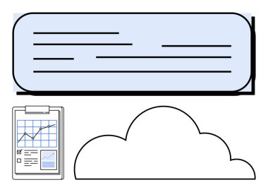 Pano şeması ve metin bloğu ile bulut ana hatları veri depolama, analiz ve iletişimi temsil eder. Teknoloji, iş stratejisi, bulut hesaplama, veri analizi ve raporlama için ideal