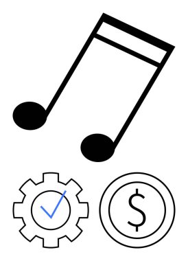 Üzerinde işaret işareti ve dolar işareti olan bir dişlinin üstündeki müzik notası. Müzik üretimi, iş akışı, finans, ses monetizasyonu, yaratıcılık, proje yönetimi, düz basit metafor için ideal