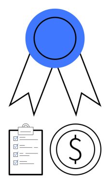 Kontrol listesi ve dolar parasıyla mavi kurdele rozeti başarıyı, uyumu ve parasal değeri simgeliyor. Kalite güvencesi, sertifika, mali ödül, üretkenlik, hedef belirleme için ideal