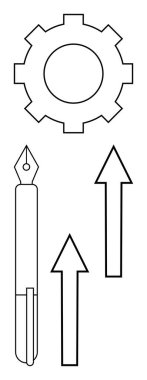 Dişlileri sembolize eden mekanik, yaratıcılık için dolmakalem, ve büyüme ve ilerlemeyi gösteren yukarı doğru oklar. Yenilik, üretkenlik, takım çalışması, iş, eğitim, mekanik motivasyon için ideal