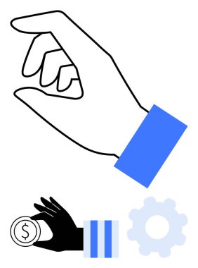 Madeni para, dişli ve finansal kavramlar, verimlilik veya büyüme için minimalist tasarım ile uzanmış bir el. İş, ekonomi, yenilik, takım çalışması strateji büyümesi için idealdir. Temiz daire