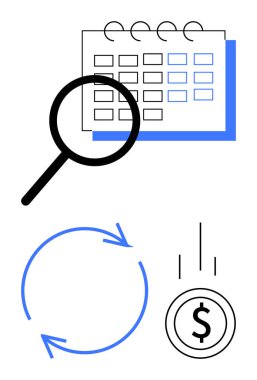 Takvim üzerindeki büyüteç takvimi temsil ediyor. Dairesel oklar süreç akışını sembolize eder. Aşağı doğru çizili para masrafları ifade eder. Finans, iş, bütçe ve süreç için ideal