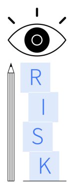 Gözetleme, gözlem, hesaplama ve değerlendirmeyi sembolize eden bir kalemle RISK blokları istiflenmiş. Strateji, karar verme, analiz, planlama, risk yönetimi ve sorun çözme için ideal