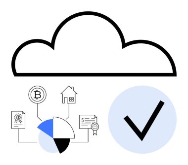 Kripto para biriminin bağlı ikonları, ev, pasta grafiği, sözleşmeler ve güvenlik, veri örgütü veya onay anlamına gelen büyük bir işaret. Finans ve emlak veri depolama bulutu için ideal