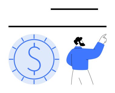 İnsan dolar sembollü büyük bir madeni paraya doğru hareket eder. Parasal odaklanma ve hedef ayarını vurgular. Finans, iş stratejisi, yatırım, tasarruf, ödeme sistemleri, ekonomik planlama, daire