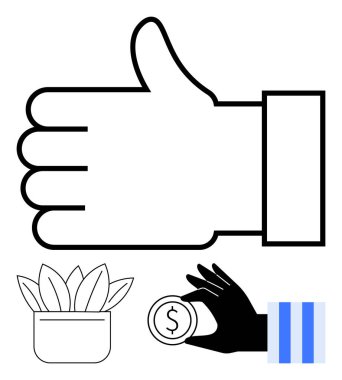 Onaylamayı, büyümeyi, vermeyi, sürdürülebilirliği, hayırseverliği, finansal başarıyı ve basitliği temsil eden saksı bitkisi ve el ele tutuşan madeni parayla eşleştirilmiş tabela. Eko-ticaret dairesi için ideal basit