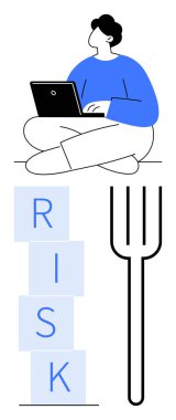 Dizüstü bilgisayarı olan, RISK etiketli ve çatal sembollü biri. İş için ideal, karar verme, strateji, güvenlik, problem çözme, finansal planlama düz çizgi