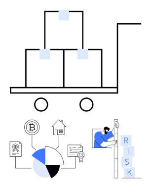 Grafikler, Bitcoin, dokümanlar, ev ve insan istifleme blokları, etiketli riskler, paketler ve bir el arabası. Finans, yatırım, engel zinciri risk yönetimi nakliye stratejisi için ideal
