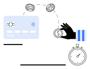 Kredi kartının yanında el ele tutuşma, temassız özellikler, yüzen paralar ve kronometre. Finans, bankacılık, fintech, hızlı işlemler, zaman yönetimi, e-ticaret ödeme güvenliği için ideal