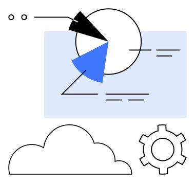 Veri segmentleri, bulut anahatları ve analizi, teknolojiyi ve otomasyonu temsil eden dişli sembollü pasta grafiği. Veri, analitik, teknoloji, bulut hesaplama otomasyon süreçleri için ideal