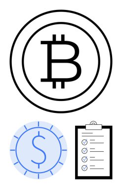 Bitcoin logosu, bozuk para grafiği, panoda kontrol listesi. Kripto para, finans, yatırım, planlama, tasarruf dijital işlem stratejisi için idealdir. Düz basit metafor