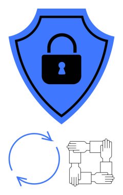 Kilitli mavi kalkan güvenliği simgeliyor. Devamlılık için dairesel oklar, birbirine kenetlenmiş eller takım çalışmasını simgeliyor. Güvenlik, takım çalışması, işbirliği, güven, koruma, sistem akışı için ideal