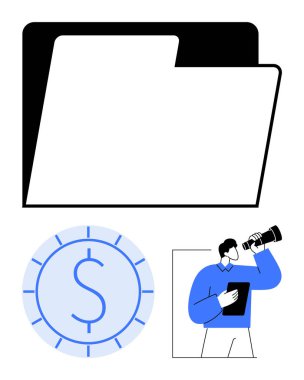 Dizin, para madeni yönetim ve iş odaklarını sembolize ediyor. Tabletli ve dürbünlü bir adam fırsatları araştırıyor. Finans, planlama, yatırım, iş stratejisi için ideal