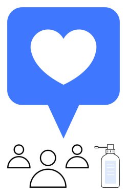 Üç kişinin üzerinde el dezenfektanı şişesiyle mavi kalp konuşma balonu. Sağlık farkındalığı, hijyen, sağlık, takım çalışması, sosyal hizmet, toplum desteği ve kendine bakım için idealdir. Minimalist