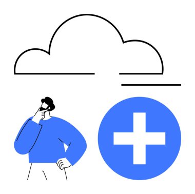 Mavi bir ekleme simgesinin yanında çenesini tutan bir düşünürün bulunduğu bulut çizgisi. Veri depolama, bulut hesaplama, karar verme, yaratıcılık, yenilik, takım çalışması, dijital ilerleme için ideal. Düz basit metafor