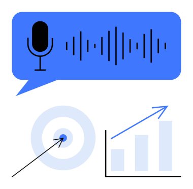 Ses dalgalı mikrofon, oklu hedef, yükselen çubuk grafiği. Veri, iletişim, analitik, pazarlama, strateji teknolojisi için ideal ses. Temiz düz basit metafor
