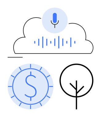 Mikrofon ve ses dalgaları eko ağacı ve para birimi ile bulutta ses teknolojisini, daha yeşil ekonomiyi ve finansmanı sembolize eder. Yapay zeka yeniliği, sürdürülebilirlik, fintech trendleri, bulut entegrasyonu için ideal