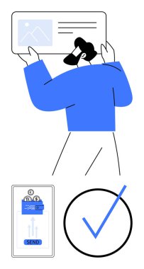 Belgeyi tutan basit figür, dosya simgesi yükleyen telefon ve onay işareti. Takım çalışması, iletişim, iş akışı, dijital araçlar, üretkenlik, dosya paylaşım onay süreci için ideal basit