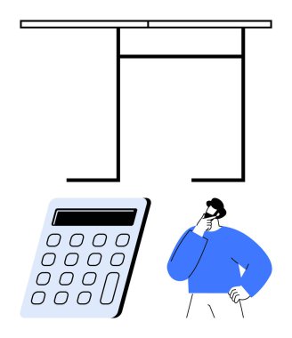 Hesap makinesi ve eksik organizasyon çizelgesinin yanında düşünceli bir duruş. İş, planlama, strateji, karar verme, analitik, hesaplamalar, iş akışı için ideal, düz basit metafor