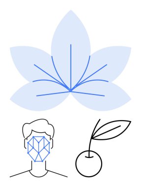 Kafa hatlarında yüz tanıma deseni, saplı ve yapraklı kiraz, üst üste binmiş çiçek yaprakları. Teknoloji, doğa, sağlık, kimlik, gıda, sürdürülebilirlik büyüme temaları için ideal