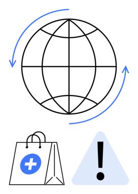 Dünya çapındaki hareketleri temsil eden oklar, tıbbi malzeme çantası ve ünlem uyarısı işareti olan bir dünya. Sağlık, lojistik, güvenlik, farkındalık, küresel ulaşım, acil durum ve koruma konuları için ideal