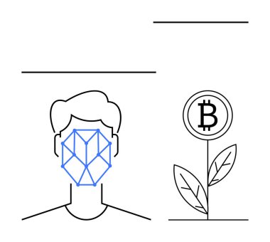 Biyometrik yüz tanıma yapısı Bitcoin para çiçekli bir bitkiye bağlı, dijital güvenlik ve kripto para birimi büyümesini simgeliyor. Teknoloji, fintech, engelleme zinciri, dijital ekonomi için ideal