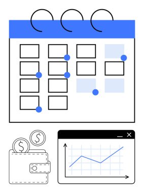 İşaretli tarihli takvim, bozuk paralı cüzdan ve yükselen finansal grafik. Zaman yönetimi, finans planlaması, bütçeleme, planlama, verimlilik, iş stratejisi sade metaforu için ideal