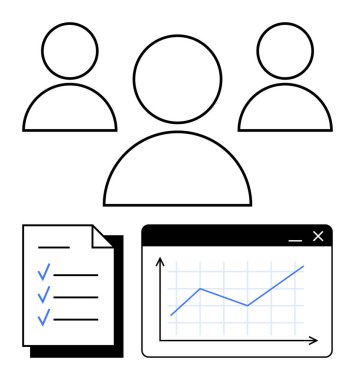 Üç kişinin basitleştirilmiş temsili, kontrol işaretli listeler ve büyüme çizelgesi. İşbirliği, planlama, üretkenlik, ilerleme, takım çalışması, strateji ve hedef belirleme için ideal