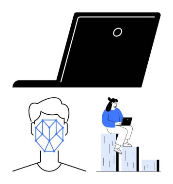 Laptop, yüz tanıma sistemi, ve dizüstü bilgisayarlı kadın dijital kimlik, yapay zeka, uzaktan iletişim, analitik, teknolojik yenilik, güvenlik. Teknoloji güvenliği için ideal