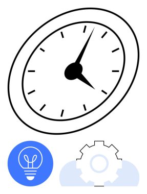 Analog saat çapraz eğimli, mavi dairede ampul, bulutların üzerinde dişli. Zaman yönetimi, üretkenlik, yenilik, planlama, iş akışı optimizasyonu, karar verici düz metafor için ideal