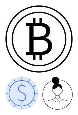 Bitcoin logosu koyu siyah, mavi para taslağı ve dairesel çerçevede minimal kadın avatarı. Kripto para birimi, finans, dijital ekonomi, yatırım, çevrimiçi platformlar, engelleme zinciri için ideal