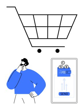 Satın almayı düşünen düşünceli biri, alışveriş arabası, cüzdanı ve ödeme düğmesi olan akıllı telefon. E-ticaret, dijital ödemeler, satın alma kararları, mobil uygulamalar, sanal cüzdanlar için ideal