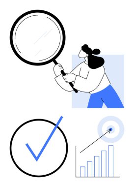 Hedefin yanında büyüteç tutan kadın, büyüme grafiği ve hedef analizi, hedef başarısı ve başarıyı gösteren işaret. İş, araştırma, veri, strateji odaklanma doğruluğu için ideal