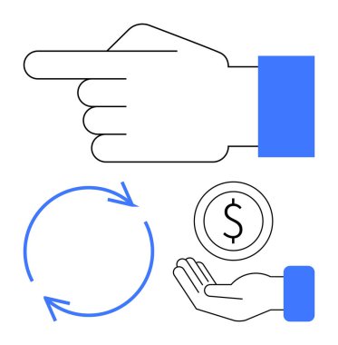 Sağ el işareti, dairesel oklar, bozuk para, açık avuç içi taşıma yönü, işlem akışı ve verme. İş için ideal, hayır kurumlarının sürdürülebilirlik rehber yatırım ticaretini finanse etmek. Düz basit