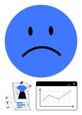 Büyük mavi üzgün yüz, kötü sonuçlar ifade ediyor, alt kişi arayüz ve grafiği yukarı doğru eğilimle analiz ediyor. Veri analizi, duygular, performans, iş sorunları, değerlendirme, geri bildirim için ideal