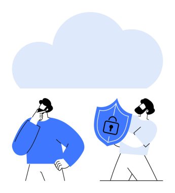 Bireylerin üzerindeki büyük bulut birinin asma kilidi olan bir kalkan tuttuğunu düşünüyor. Veri güvenliği, bulut bilgisayarı, siber güvenlik, çevrimiçi gizlilik, teknoloji, koruma, düz basit metafor için ideal