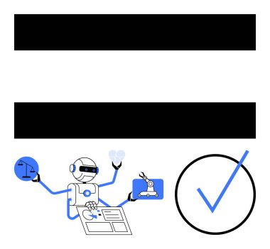 Robot bir ölçek, ampul, robot kolu, dokümanlar ve yapay zeka odaklı karar verme mekanizmasını, otomasyonu, hukuki teknolojiyi, analiz yenilik etiğini ve verimliliğini vurgulamak için kontrol işaretleriyle hokkabazlık yapıyor. İdeal