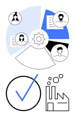Takım profili, belgeler, otomasyon gösteren ekipman, onay işareti, endüstriyel fabrika ikonu içeren turta grafiği. Takım çalışması, otomasyon, iş süreçleri ve verimlilik için ideal