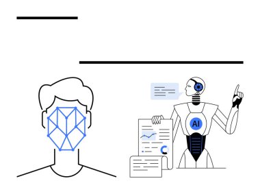 Yapay zeka robotunun yanında verileri tutan ve işaret eden geometrik yüz tanıma desenli bir insan kafası. Teknoloji, yapay zeka, robot bilimi, yenilik, veri analizi, siber güvenlik, otomasyon için ideal. Düz