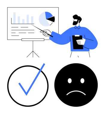 Profesyonel istatistikleri pasta ve bar grafikleriyle sunuyor, pano tutuyor. Semboller arasında onay işaretleri ve sorunlar için üzgün surat yer alıyor. Performans değerlendirmesi, analiz, geri bildirim için ideal
