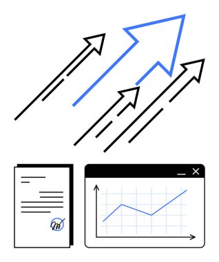 Yukarı çıkan oklar, mali bir tablo ve onaylanmış belgelerle desteklenen ilerlemeyi simgeler. Ticari büyüme, veri analizi, planlama, strateji, başarı, kariyer gelişimi için ideal, düz basit