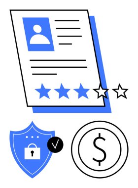 Yıldız dereceli kullanıcı profili, işaretli güvenlik kalkanı ve finansal inceleme için dolar simgesi. Kullanıcı derecelendirme, gözden geçirme sistemleri, güvenlik, finans, güvenilir derecelendirme, değerlendirme uygulamaları için ideal
